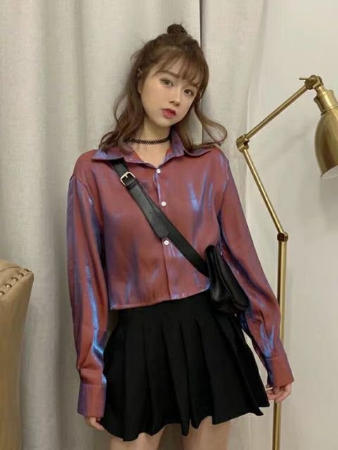 Áo sơ mi satin croptop màu phi bóng phản quang hot hit