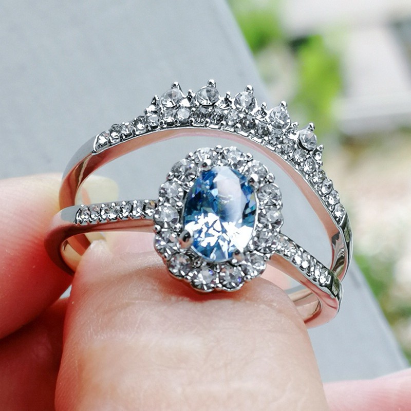 Set 2 Nhẫn mạ bạc sang trọng dành cho nữ Nhẫn đính hôn kim cương đá quý trắng