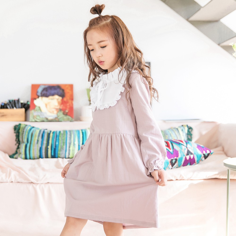 Đầm SANLUTOZ phối ren bằng cotton màu hồng cho bé gái