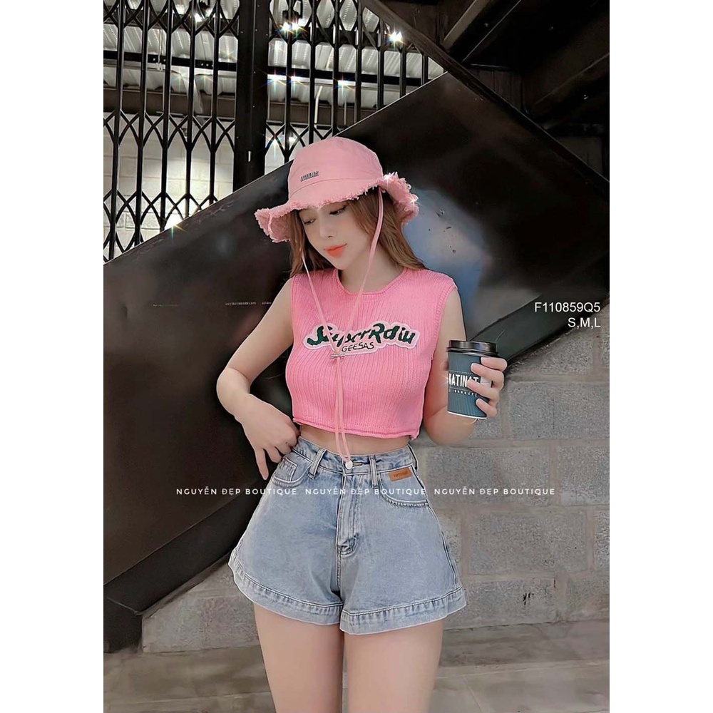 Quần short jean xòe lưng cao gắn mác da hàng đẹp! (kèm hình thật)