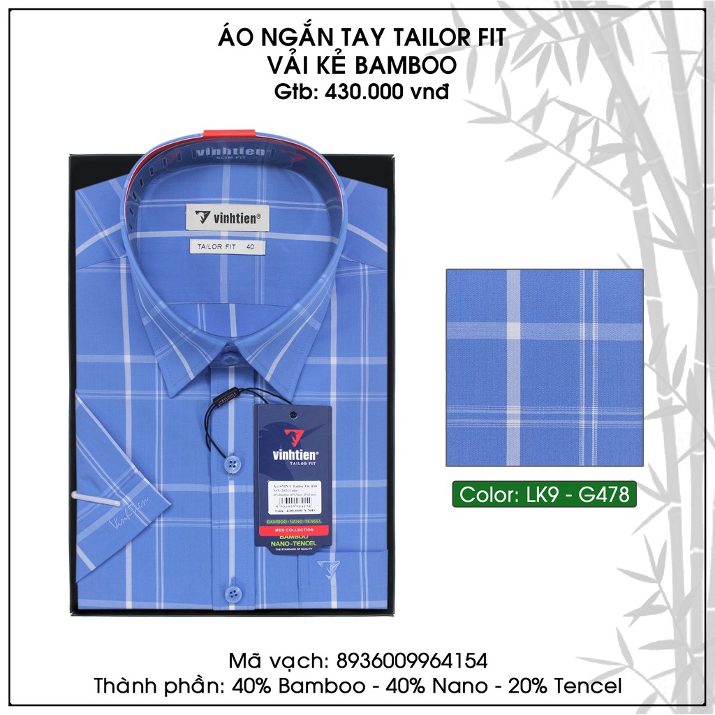 Áo Sơ Mi Tay Ngắn Sọc Caro Bamboo Vĩnh Tiến Tailor Fit Vạt Ngang 430 - G478
