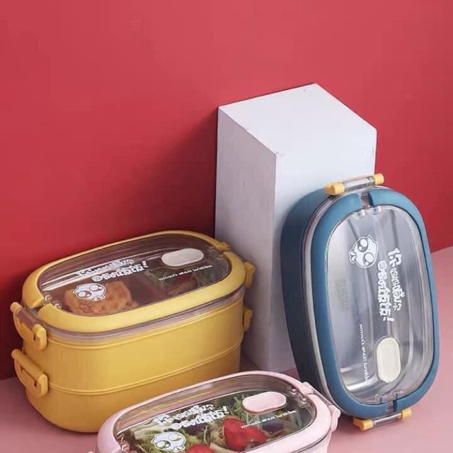 HỘP CƠM GIỮ NHIỆT 2 TẦNG  RUỘT INOX ( KÈM THEO ĐŨA THÌA DĨA + TÚI GIỮ NHIỆT)🌿🌿🌿