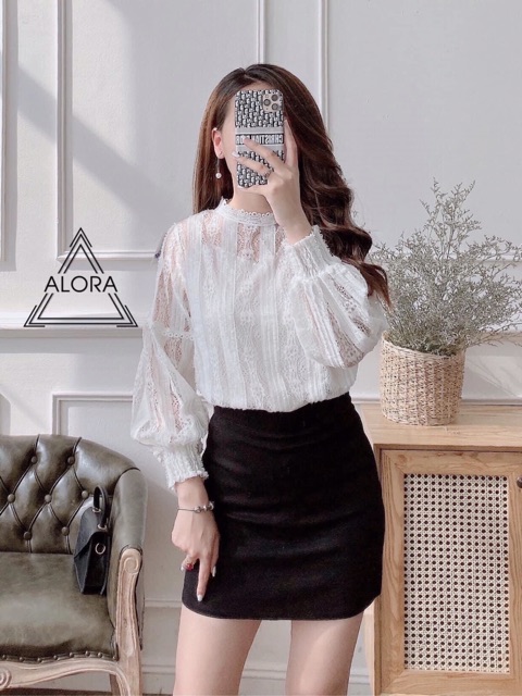 [Mã FAMARAL1 giảm 10K đơn 50K] Áo sơ mi nữ ren dài tay đẹp hai lớp dáng suông cổ tròn màu trắng be đi làm đi chơi TNT | BigBuy360 - bigbuy360.vn