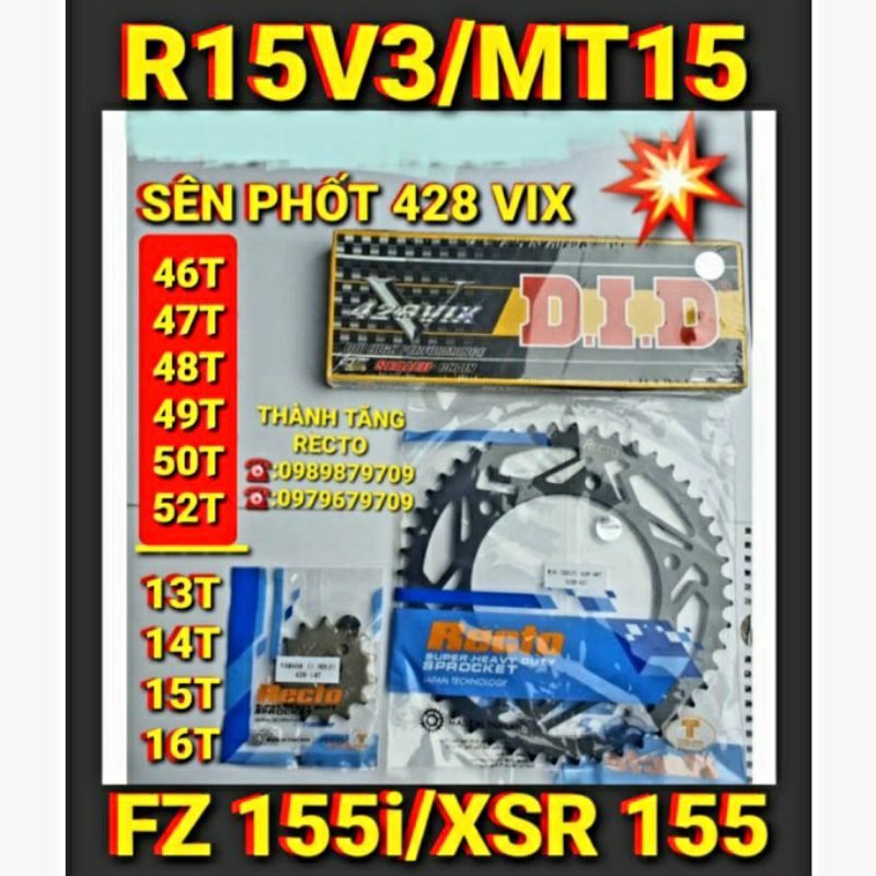 NHÔNG SÊN DĨA 💥789k💥 R15V3/MT15/FZ 155i/XSR 155 46T 47T 48T 49T 50T 52T SÊN PHỐT TFX/DID 428 VIX BAO BÌ MỚI CHÍNH HÃNG