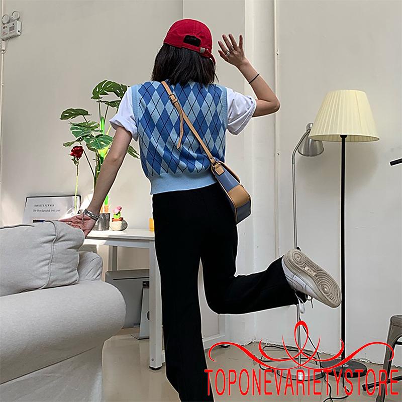 Áo sát nách dệt kim cổ chữ V in họa tiết hình thoi cổ điển thoáng khí giữ ấm cho nữ | BigBuy360 - bigbuy360.vn