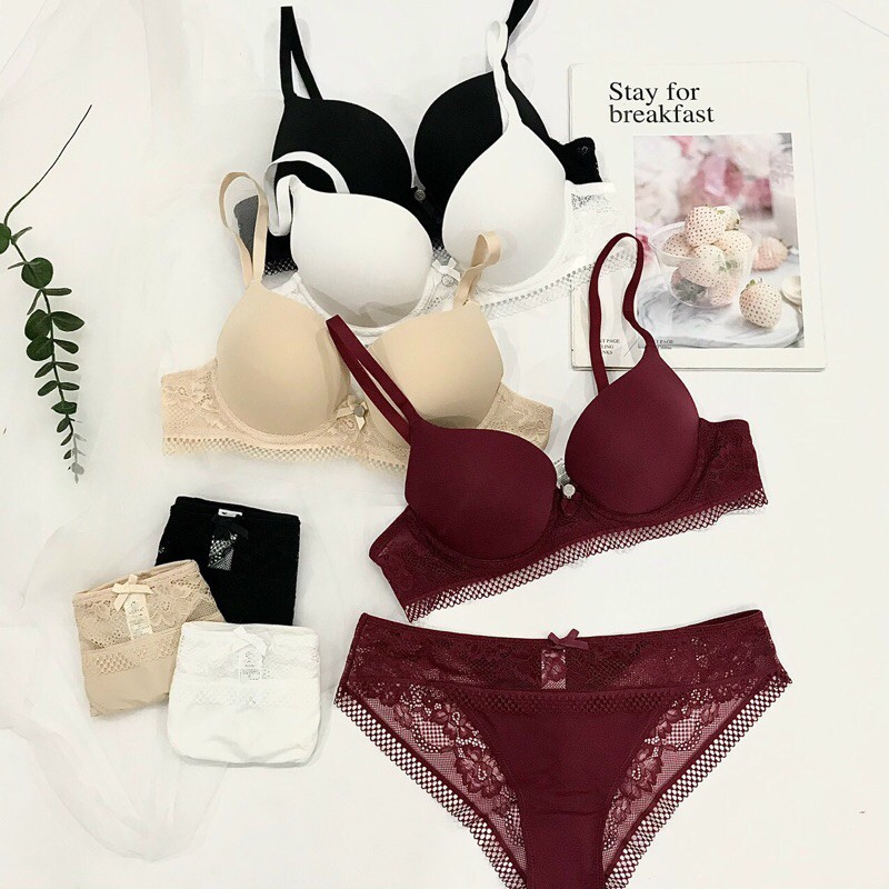 Bộ lót quả trơn phối ren nâng ngực tạo khe Victoria Secret