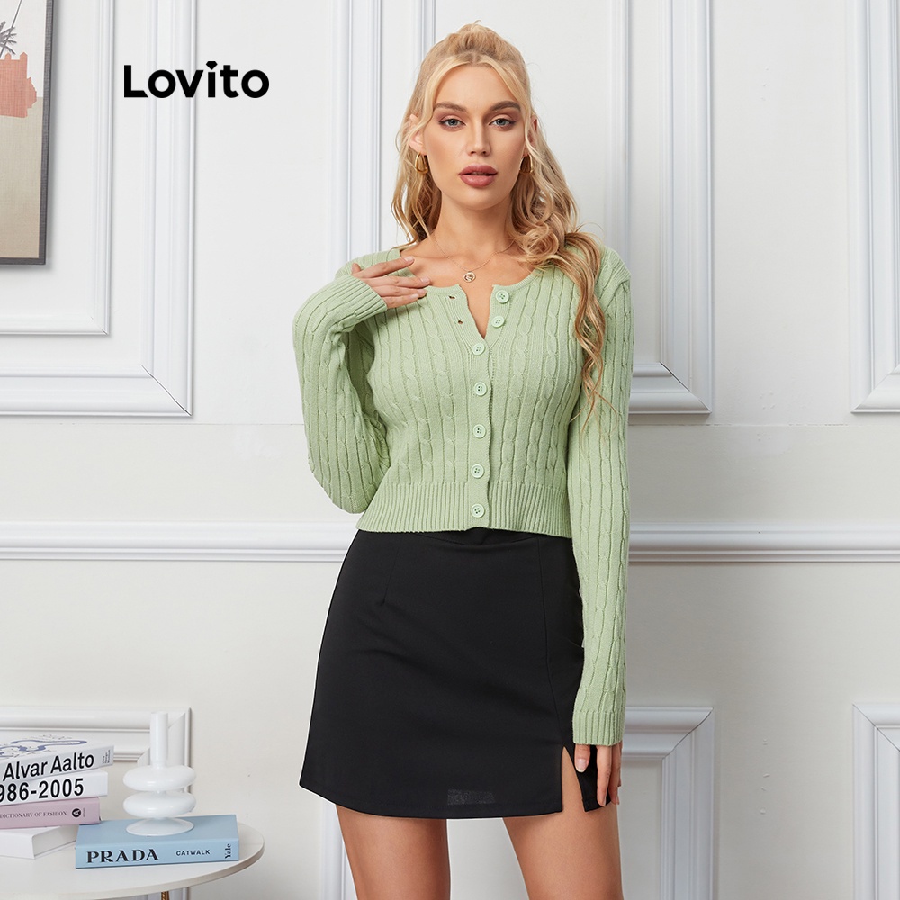  Áo cardigan Lovito màu trơn cổ chữ V L09091 (đen/xanh lá)