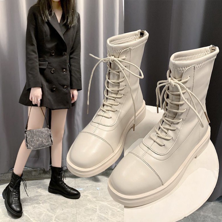 Giày Boots Ulzzang nữ SNU13 khóa kéo cao cổ da PU cổ lửng đế độn phong cách cá tính đi chơi đẹp