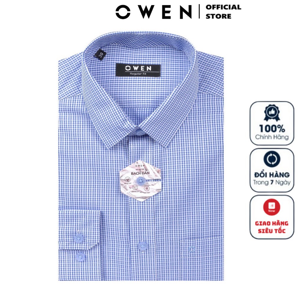 Áo Sơ Mi Nam Dài Tay Owen AR22140DT Somi Công Sở Cao Cấp Màu Kẻ Caro Xanh Dobby Chất Sợi Bạch Mềm Mát Dáng Suông Có Túi