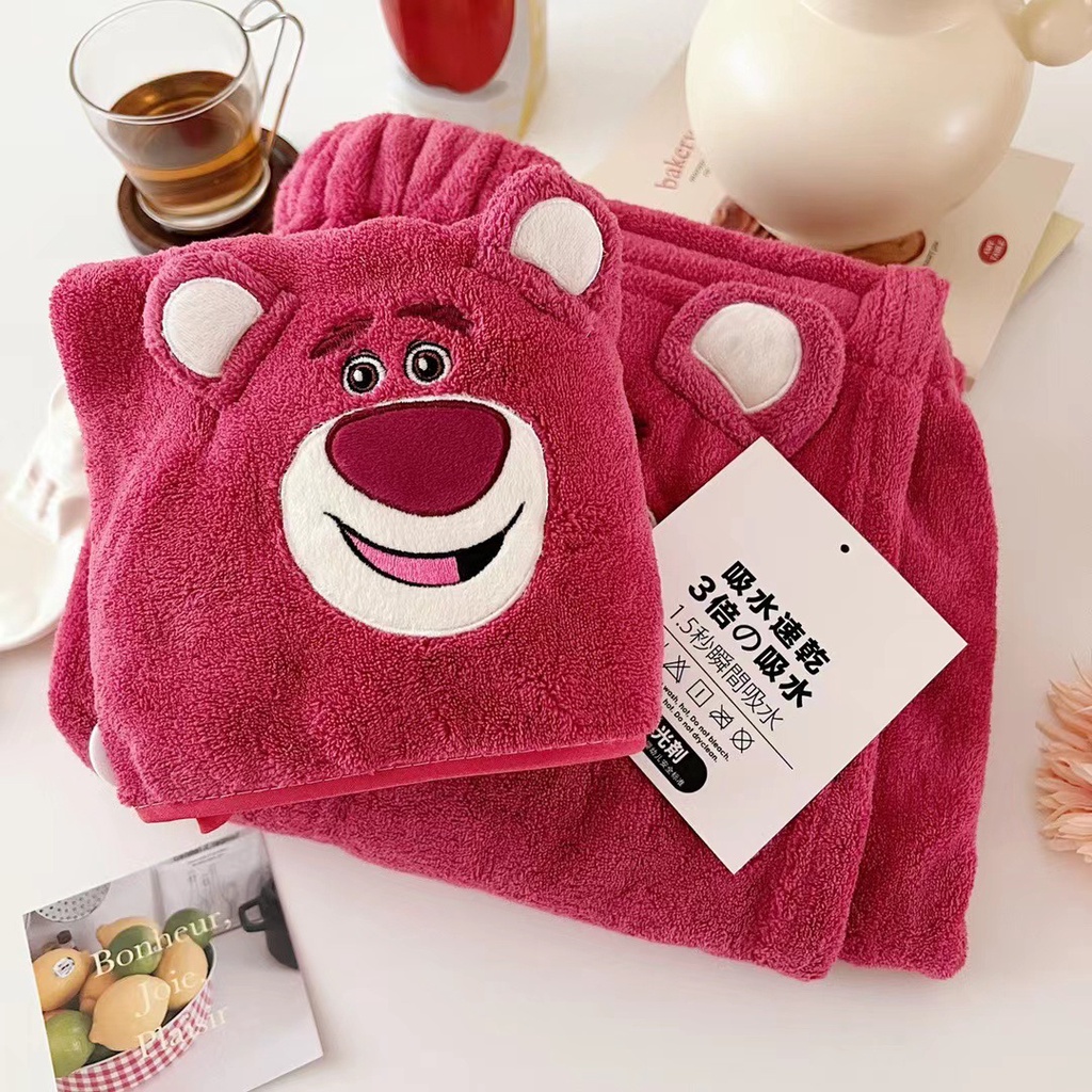 Bộ 2 Khăn Tắm Dạng Váy Bằng Lông Cừu San Hô Thấm Hút Nhanh Họa Tiết Gấu Và Dâu Tây