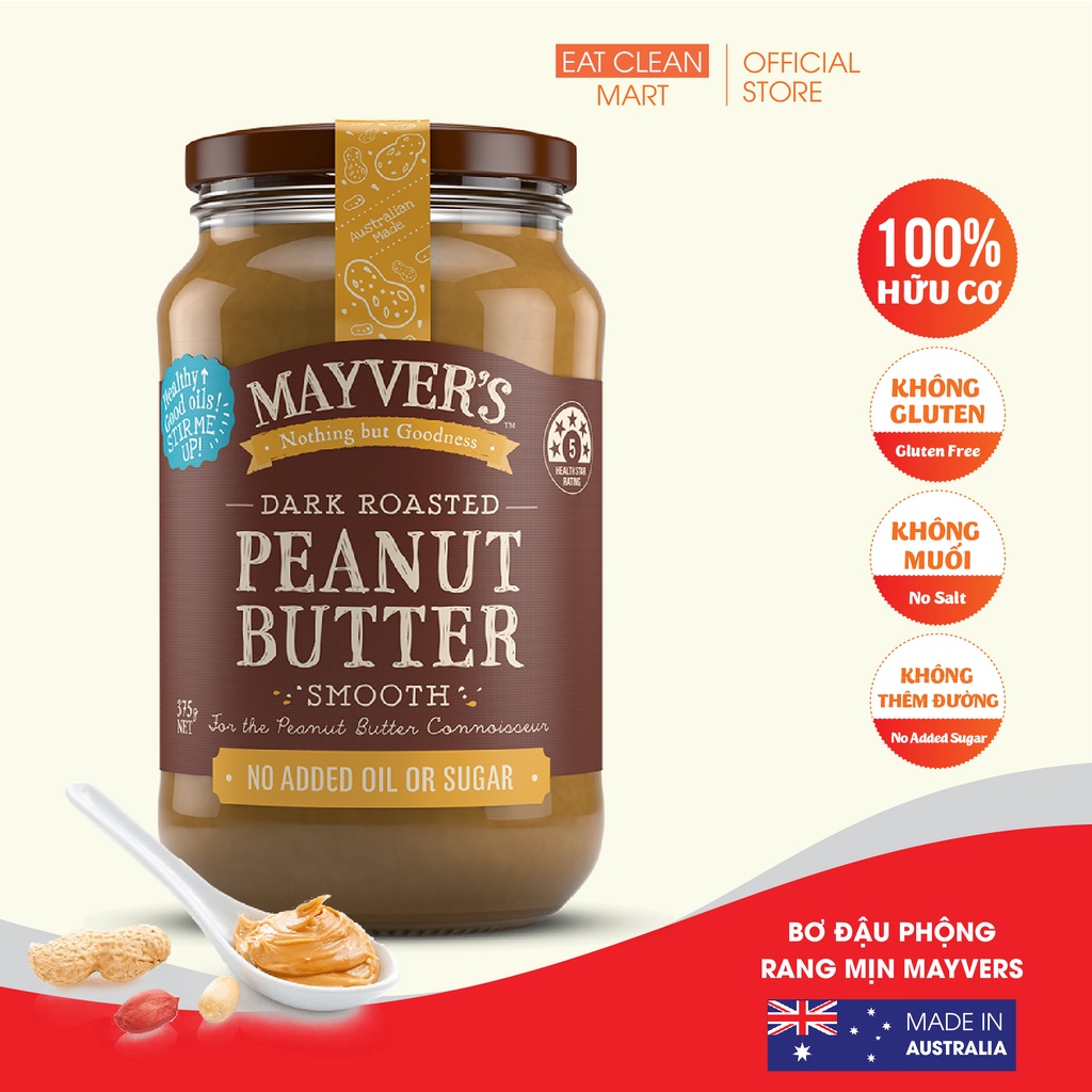 Bơ Đậu Phộng Rang Mịn Mayvers - Mayver's Dark Roasted Peanut Butter Smooth - Hủ 375g