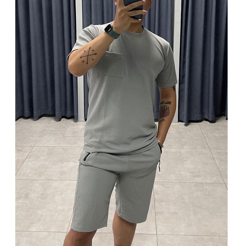 Bộ quần áo nam hè cộc tay thể thao vải waffle, set thể thao co giãn 4 chiều phối màu trẻ trung, năng động | BigBuy360 - bigbuy360.vn