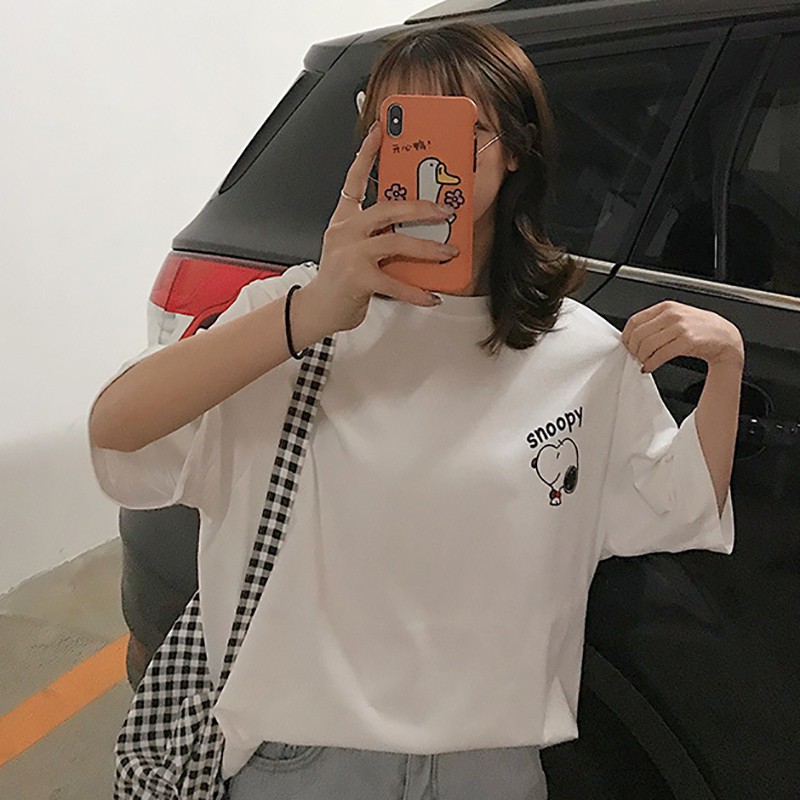 Áo thun cổ tròn ngắn tay in hình chó Snoopy thời trang cho nữ