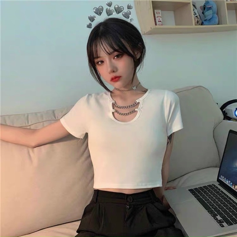 ÁO CROPTOP TAY NGẮN PHỐI DÂY CHUYỀN Kèm Ảnh Thật Chizi Shop