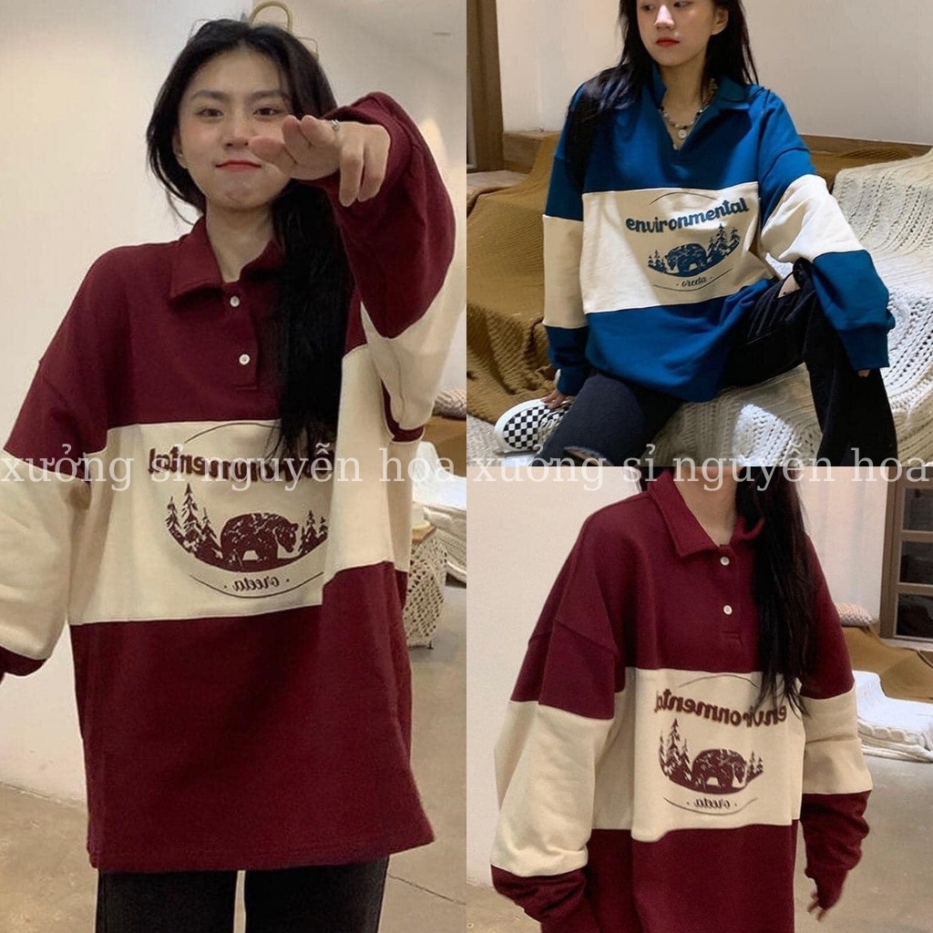 Áo sweater nỉ unisex environmental phối màu form rộng nam nữ mặc được 2 màu đỏ xanh siêu hot Xưởng Sỉ Nguyễn Hoa