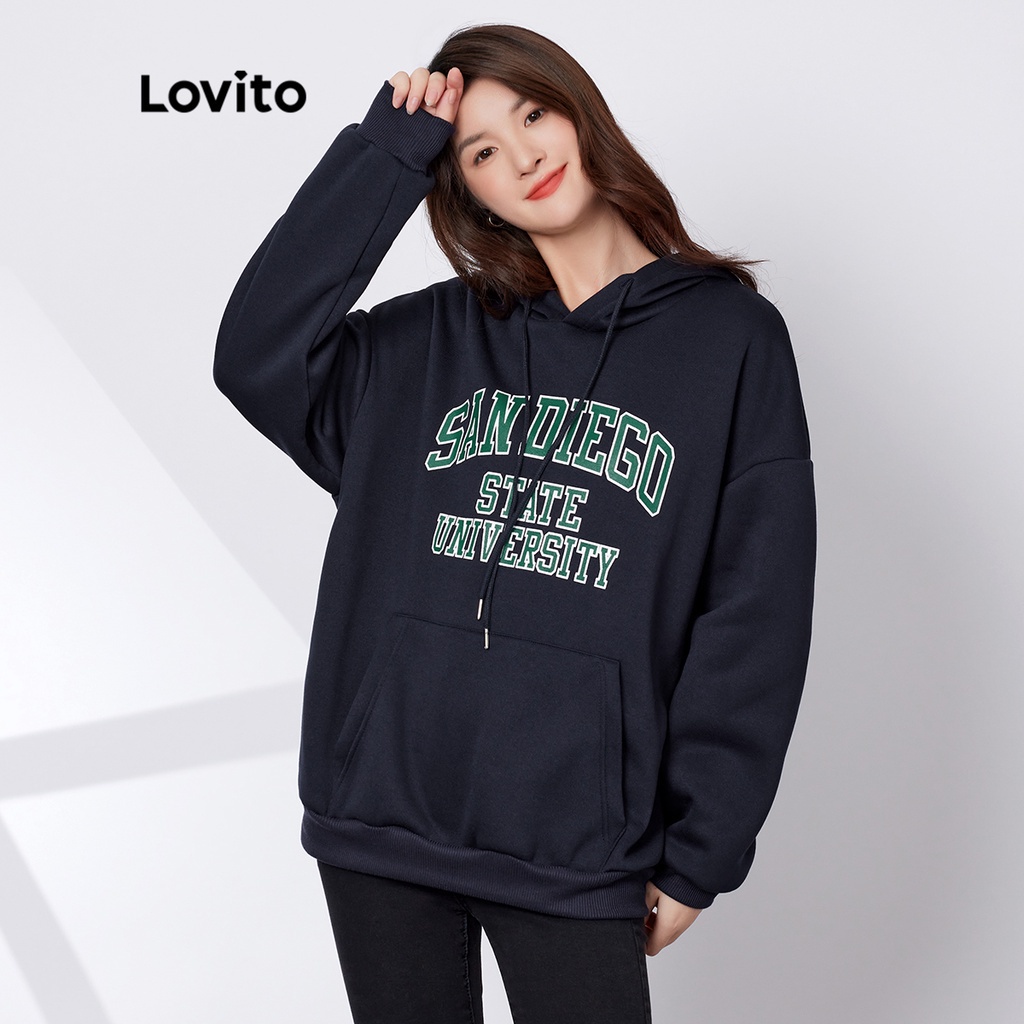 Áo hoodie Lovito màu trơn có mũ cổ tròn không nhún phong cách thường ngày L29ED018 (màu xanh dương)