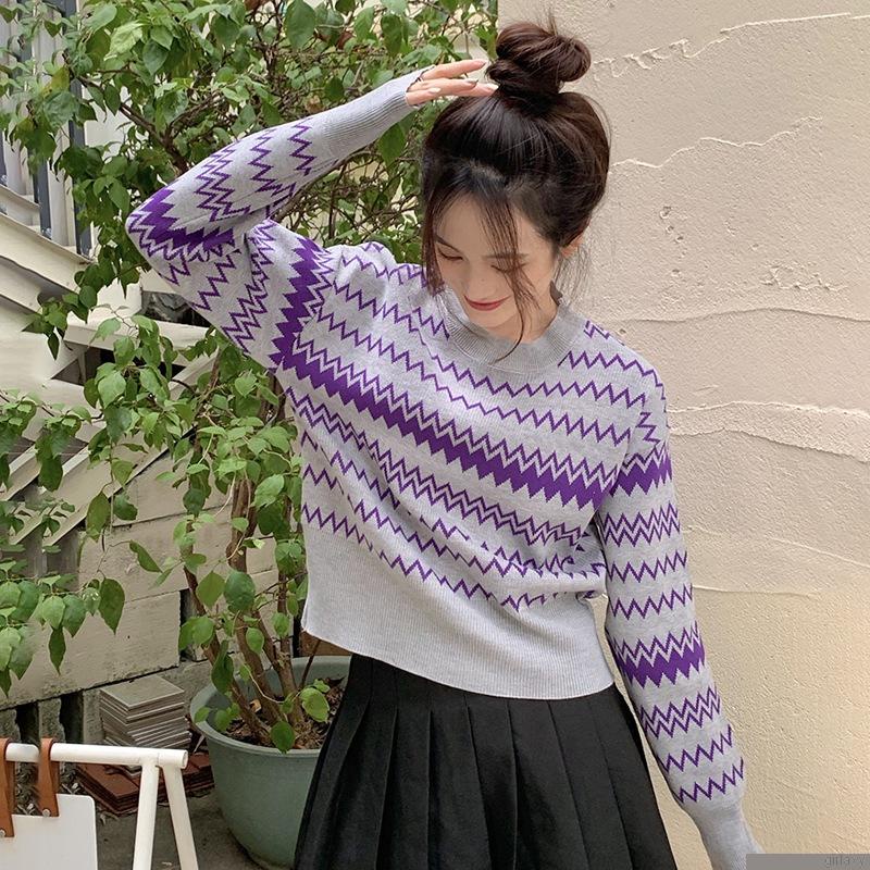 Áo sweater dệt kim cổ tròn tay dài kẻ sọc thoáng khí thoải mái thời trang Hàn Quốc cho nữ