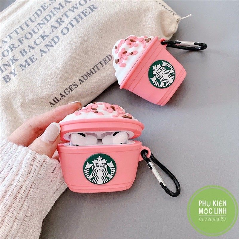 Vỏ bao AirPod silicon 1 2 Pro 3 Starbucks PINK Coffee - đựng tai nghe không dây kèm móc khoá
