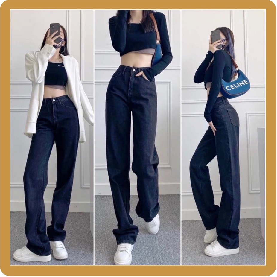 Quần jeans nữ ống đứng lưng cao đen trơn, Quần bò ống rộng dáng xuông cạp cao hottrend
