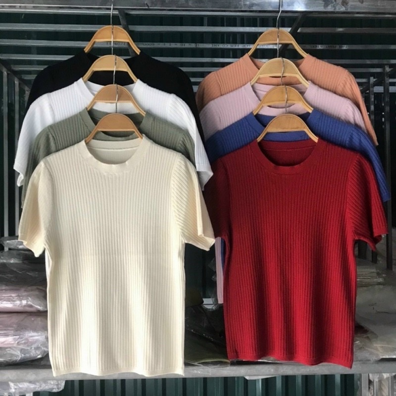 Áo len tăm cổ tròn tay cộc Áo thun tăm gân cao cấp 15 màu