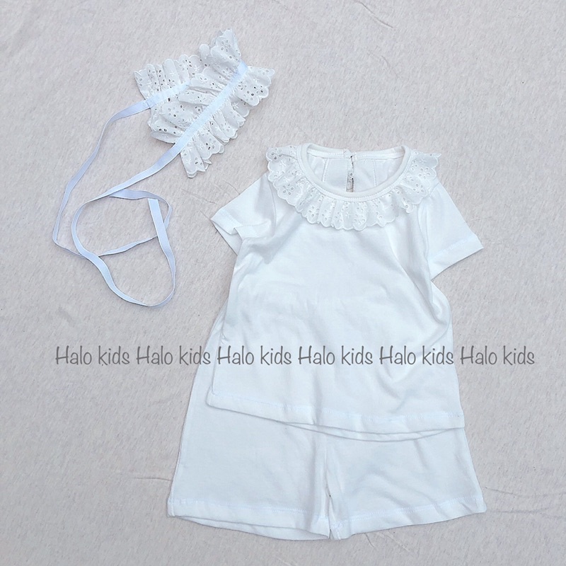 Bộ cộc tay trắng phối ren cao cấp chất liệu 100% cotton cho bé