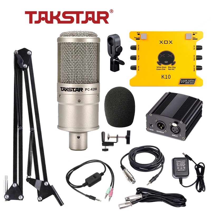 Combo đầy đủ thu âm, hát karaoke livestream chuyên nghiệp Mic Takstar PC-K200 + Soundcard XOX-K10/KS108 + nguồn mic