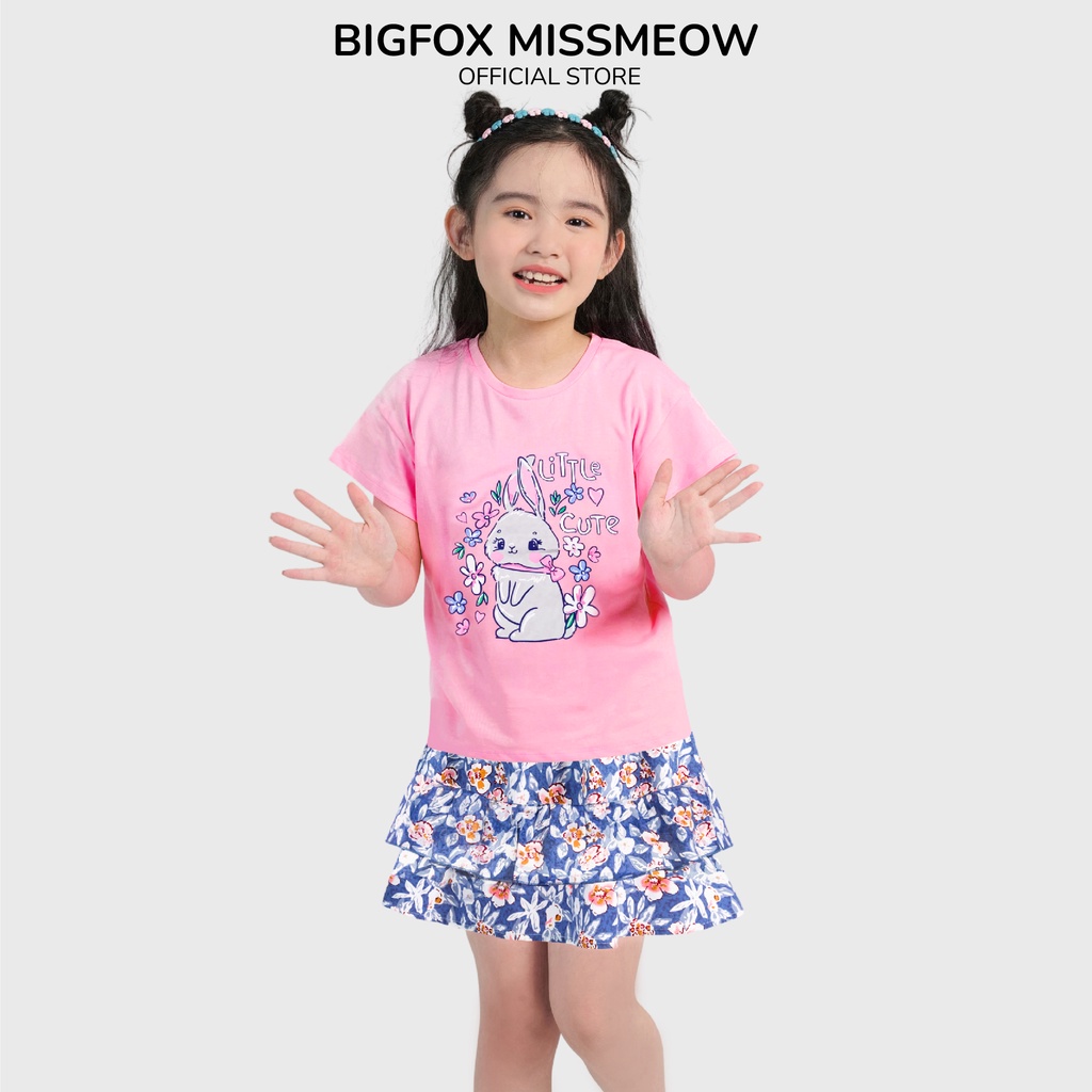 Bộ đồ bé gái Bigfox - Miss Meow mùa hè áo cộc mix chân váy chất cotton mềm mịn hình in thỏ hồng size trẻ em 3 - 11 tuổi