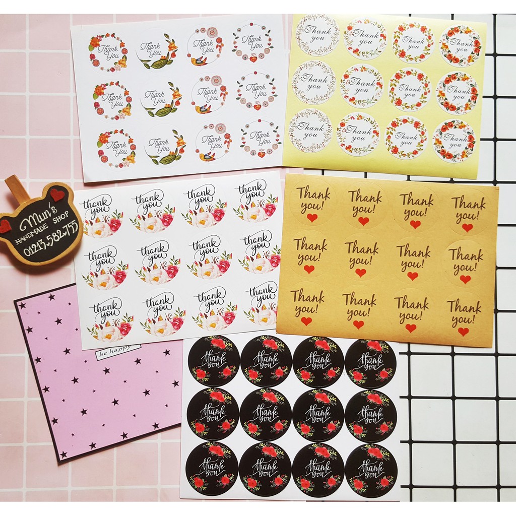 Set 36 sticker Thank you [5 MẪU] dán túi giấy, đơn hàng cho các shop