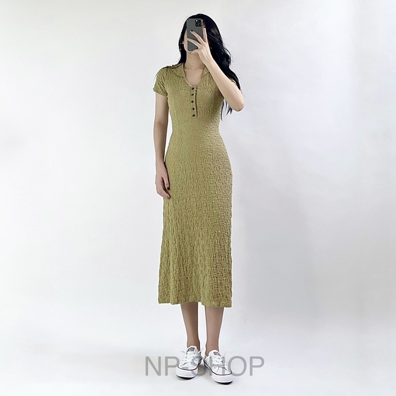 Đầm nữ ngắn tay dáng xoè form dài dưới gối màu trắng, vàng NPDAM006