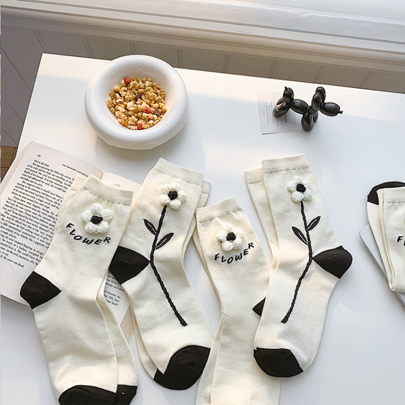 Vớ Cotton Cổ Trung Họa Tiết Hoa Sơn Trà Phong Cách Mới Cho Nữ