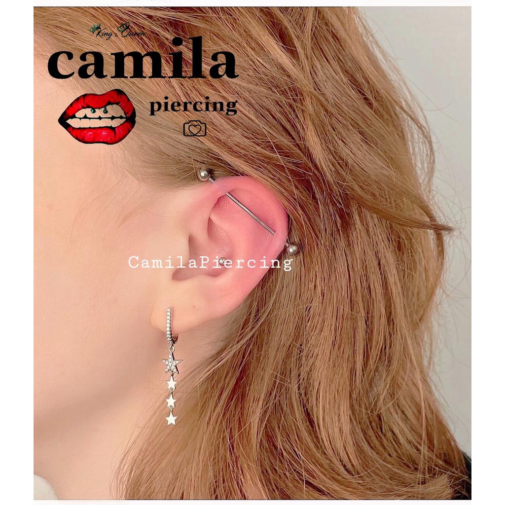 Khuyên Tai Industrial thanh thẳng 2 đầu bi