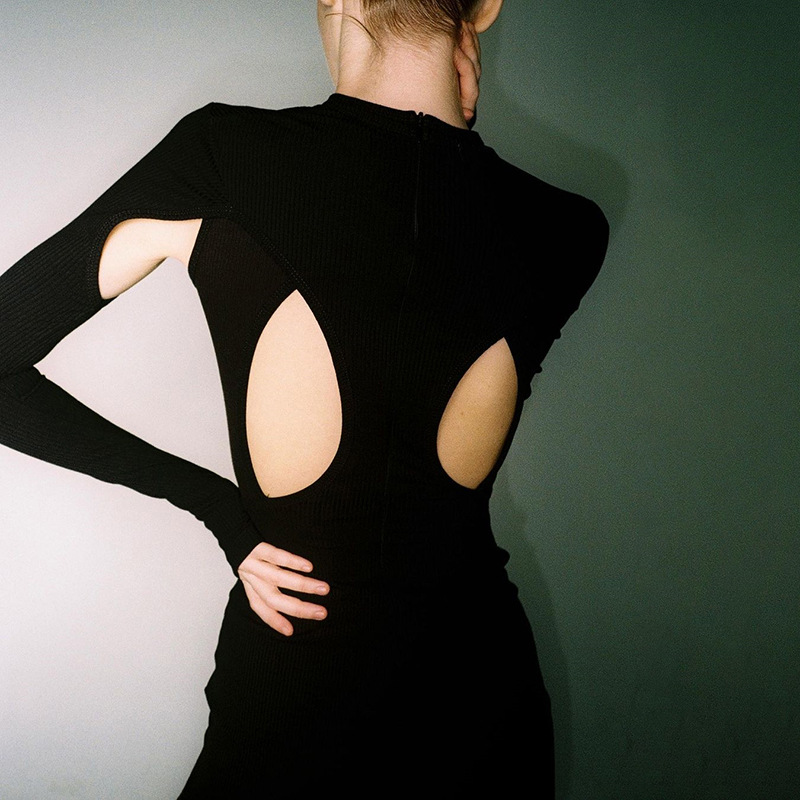 DUNEA Đầm tay dài cổ tròn khoét sÂu phong cách gợi cảm thời trang nữ