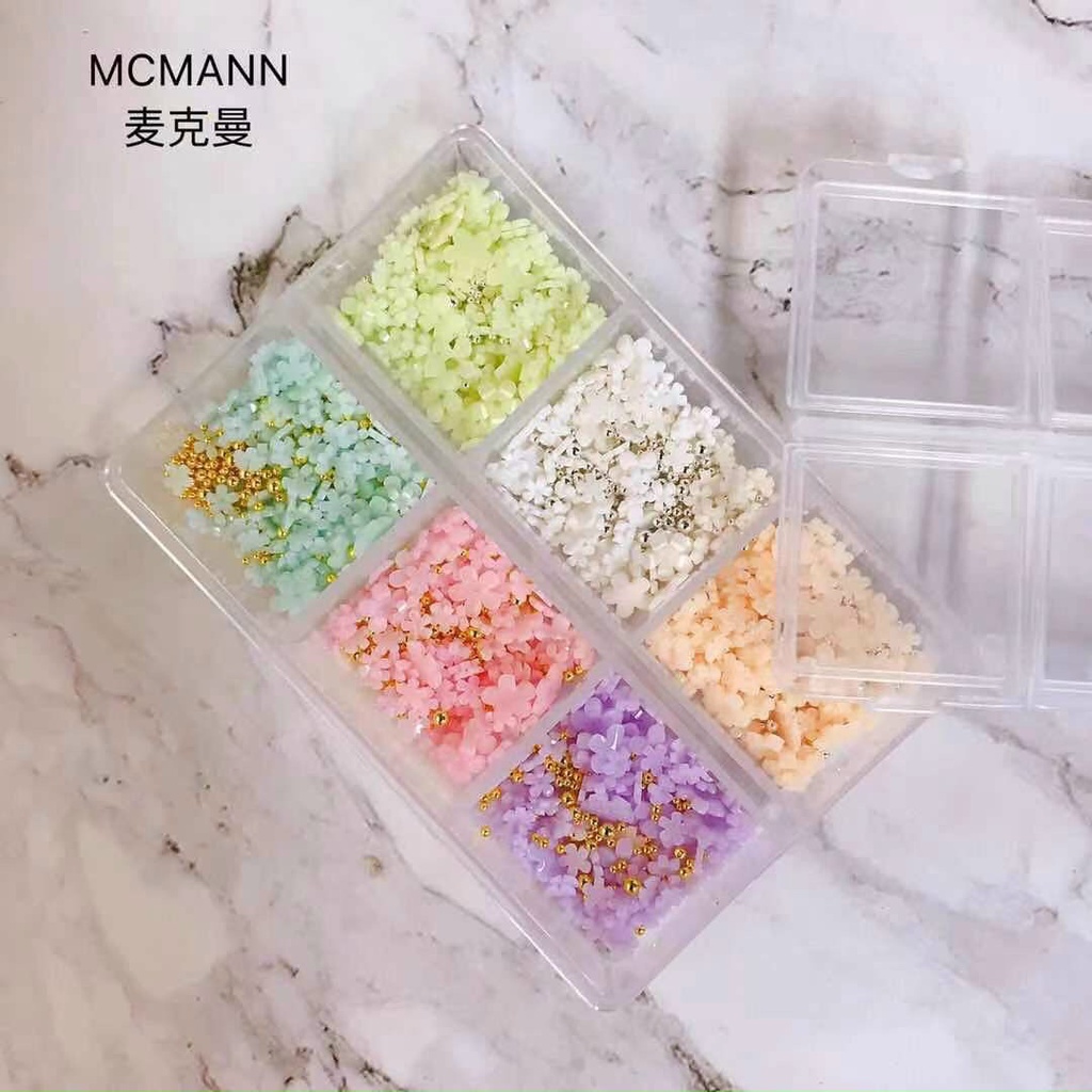 Set Hoa Nhí 5 Cánh Mix Size, Mix Màu 6 ô - Hoa Gắn Móng