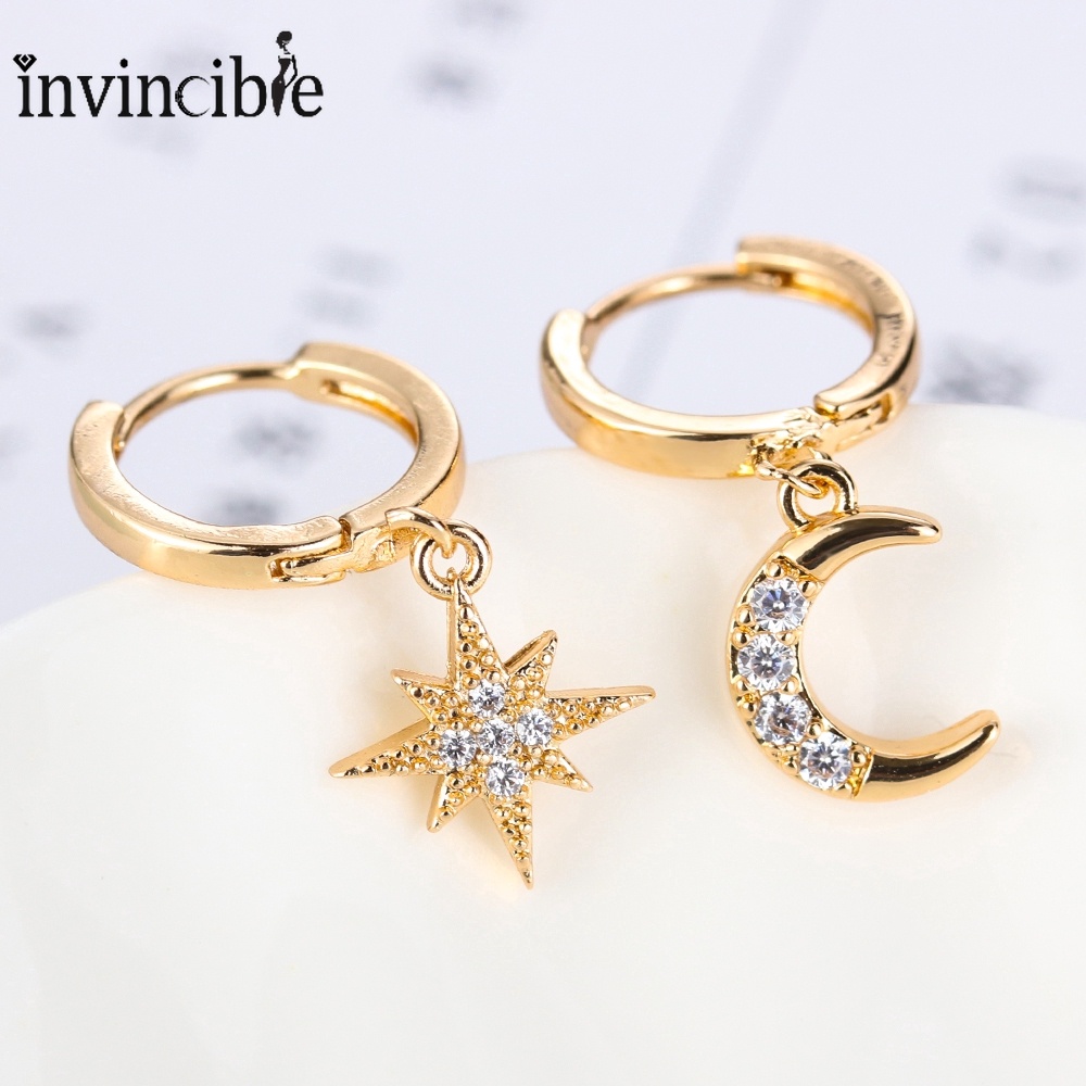 1 Pair Shinny Gold Silver Crystal Star Moon Women  Earrings/ Geometric Dangle Earrings Asymmetric Earrings of Star and Moon