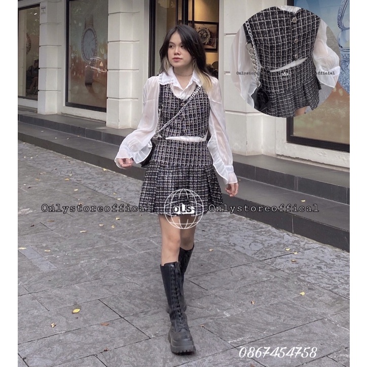 Set 3 chi tiết gile croptop sơ mi váy dạ tweed Onlystoreofficial