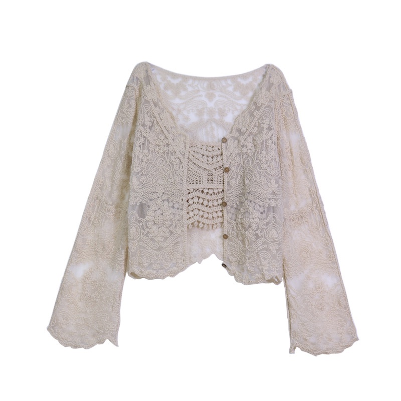 Set áo khoác IELGY dài tay ren mỏng và áo hai dây thời trang cho nữ