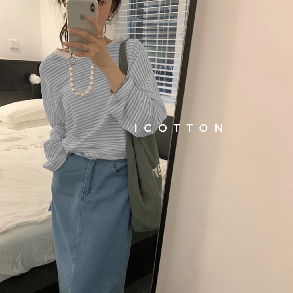 Áo thun tay dài nữ  Icotton  áo sweater nữ dáng rộng mềm mại cá tính