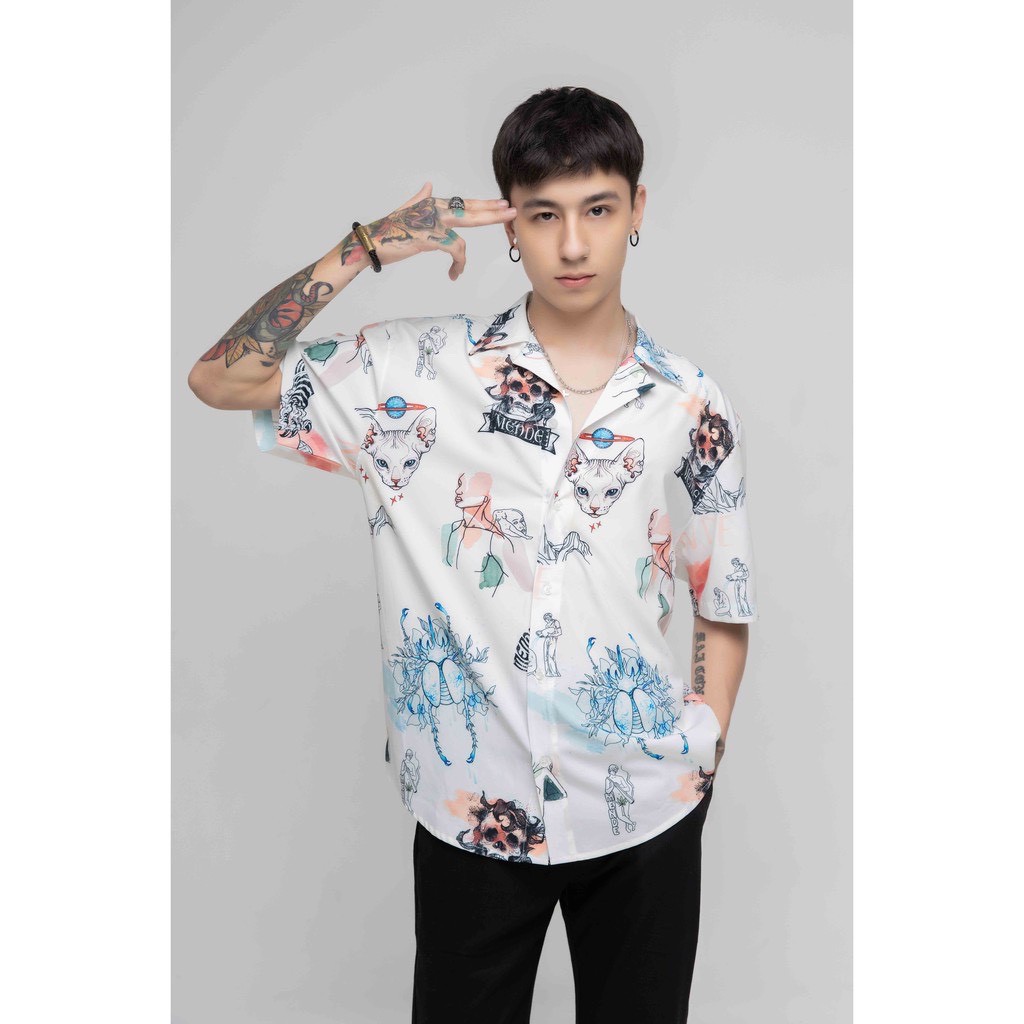 Áo sơ mi Mende Crayon local brand cổ vest tay ngắn nam nữ unisex form rộng họa tiết mèo chuẩn cao cấp 1:1 | BigBuy360 - bigbuy360.vn