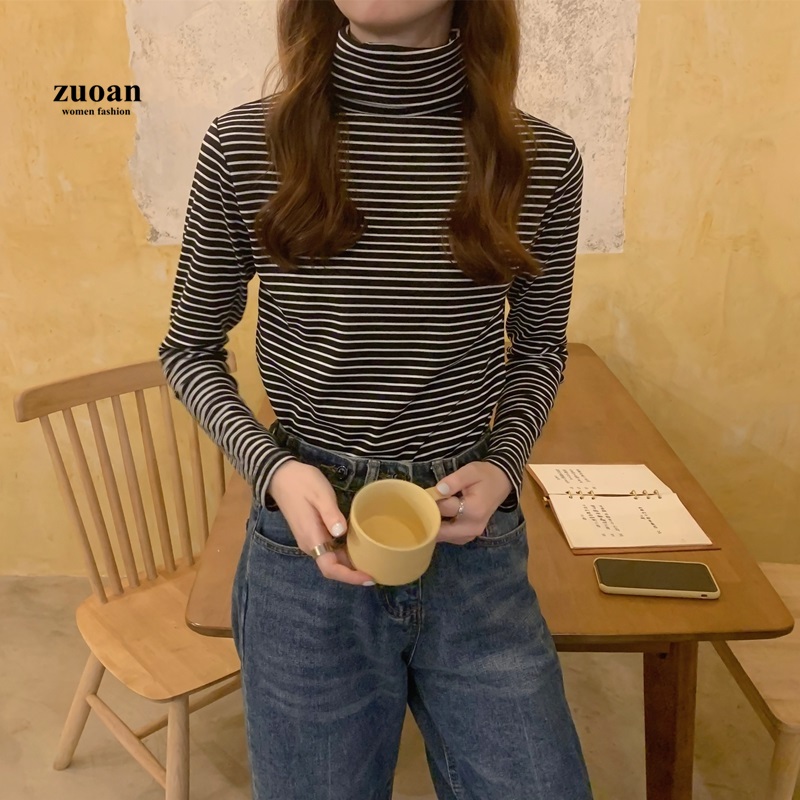 SUXI Áo cổ cao tay dài họa tiết sọc ngang trơn đáng yêu thời trang cho nữ