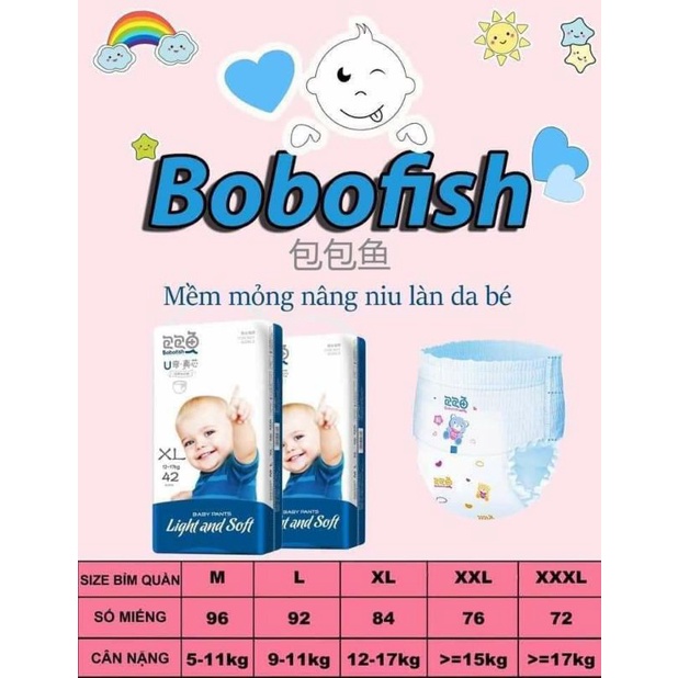 Bỉm dán/quần BOBOFISH MẪU MỚI S120/M104/L92/XL84/XXL76/M96/L92/XL84/XXL76/XXXL72