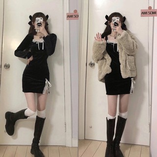 Đầm nhung dài tay ôm dáng, váy xẻ tà phối nơ ullzang hàn quốc Harley Dress