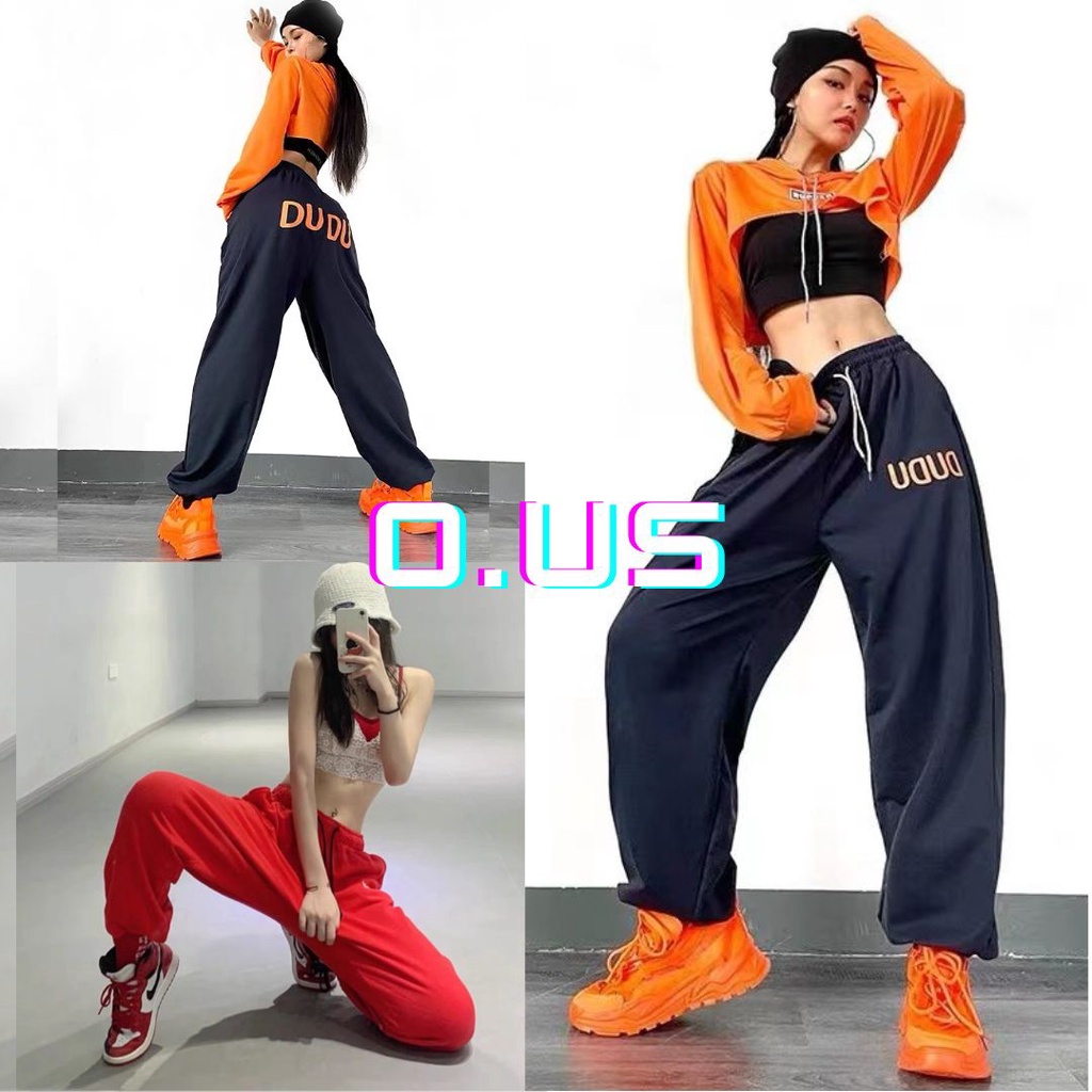 (Sẵn đen) Quần jogger nỉ đỏ suông ống rộng in chữ DUDU unisex nam nữ cá tính hip hop dance đường phố