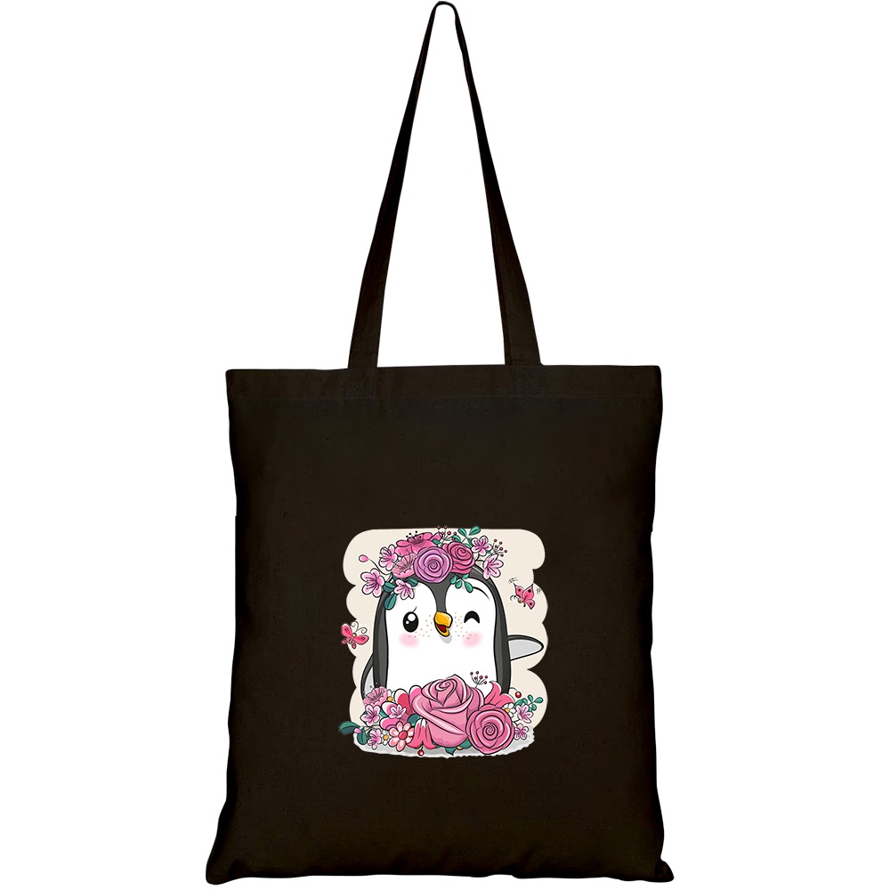 Túi vải tote canvas HTFashion in hình cute cartoon penguin flowers on HT430