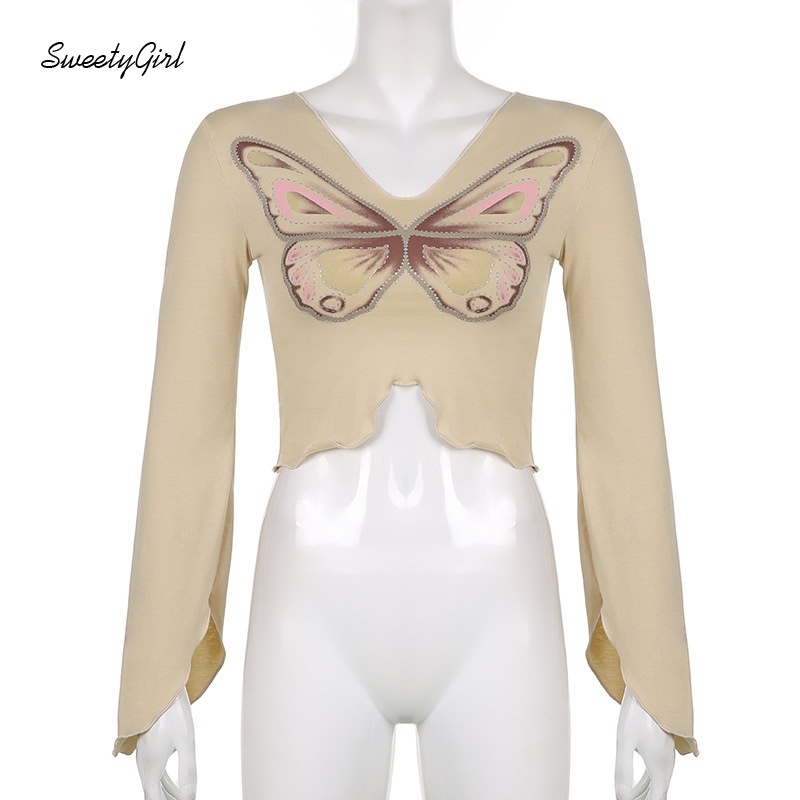 Áo croptop tay dài cổ chữ V in họa tiết bướm màu sắc tương phản thời trang cho nữ