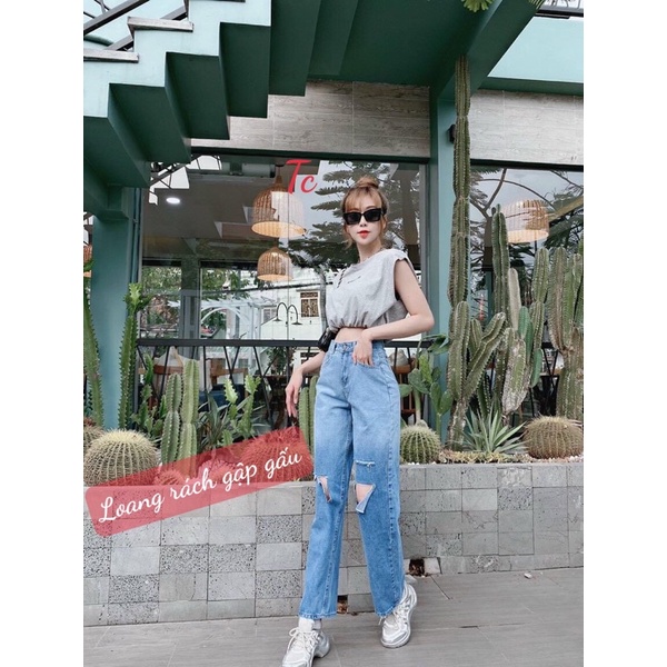 [BÁN SỈ] Quần Jeans Bò Nữ Ống Rộng Loang Xanh Trơn Và Rách Chất Bò Mêm