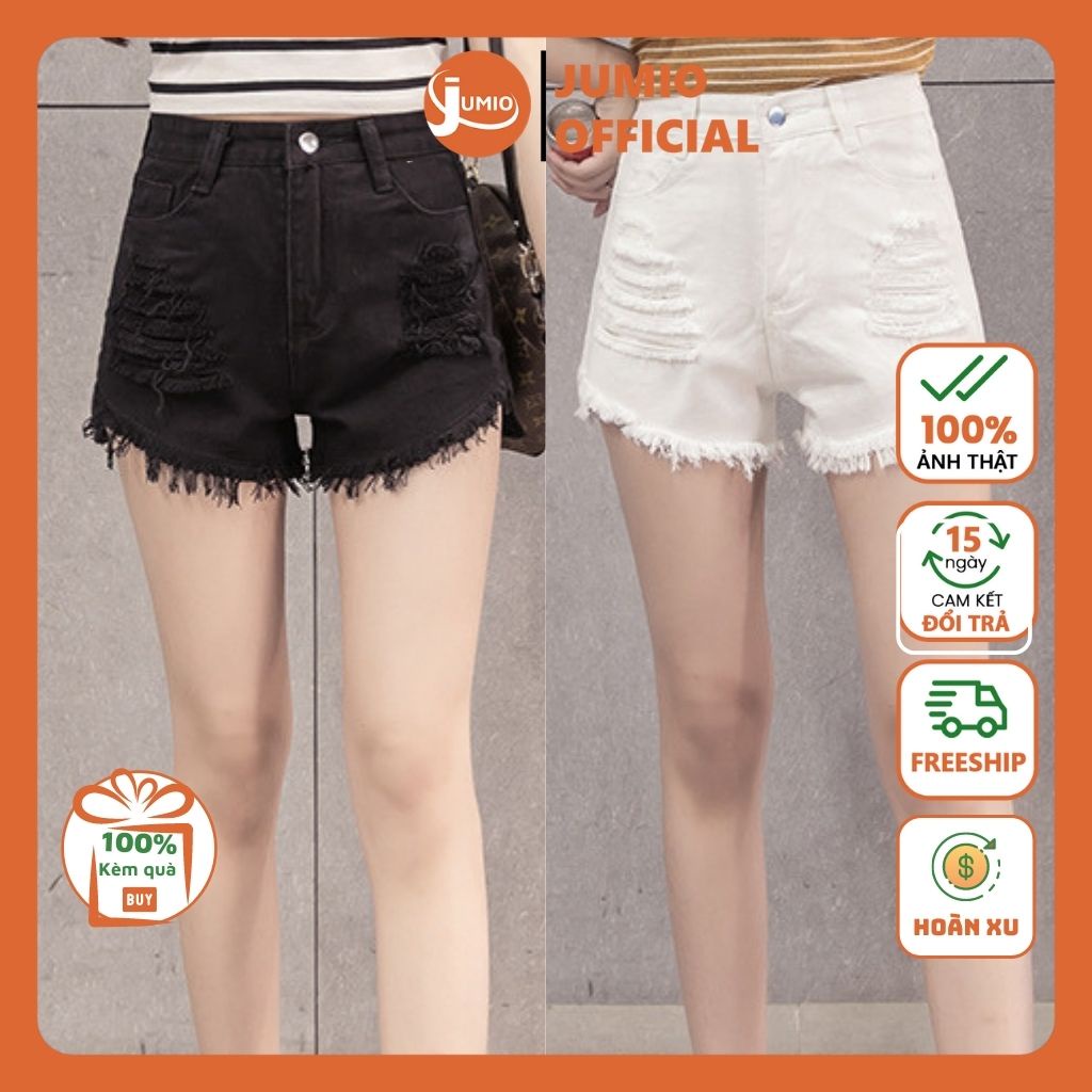 Quần đùi jean nữ cạp cao quần short bò nữ lưng cao rách cá tính sexy JUMIO màu trắng - đen