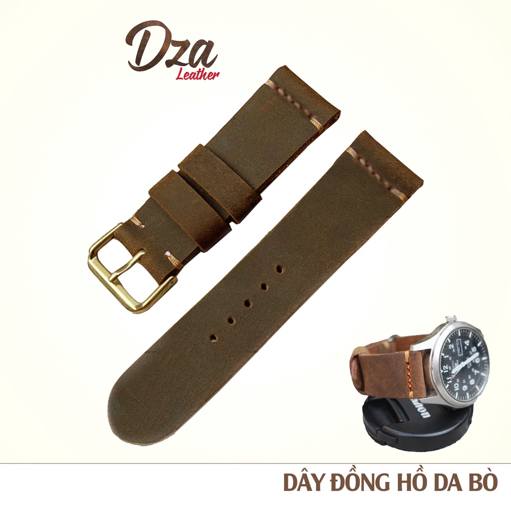 Dây đồng hồ da bò sáp Dza leather 18mm 20mm 22mm khâu tay thủ công bền đẹp