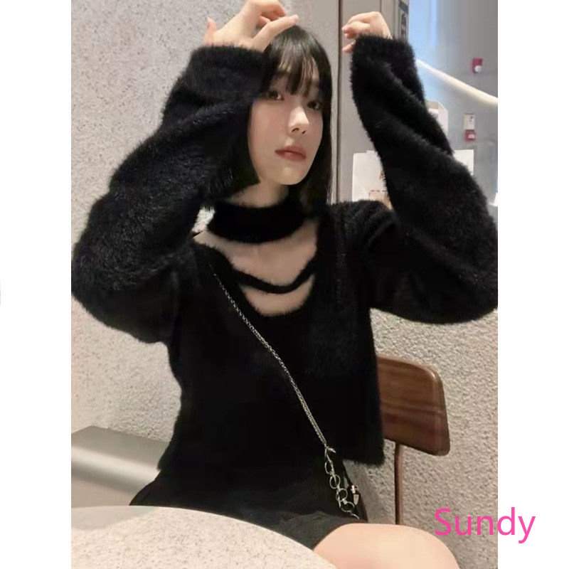 Áo Sweater Dệt Kim Tay Dài Dáng Rộng Cổ Yếm Hở Lưng Thời Trang Xuân Thu Quyến Rũ Cho Nữ