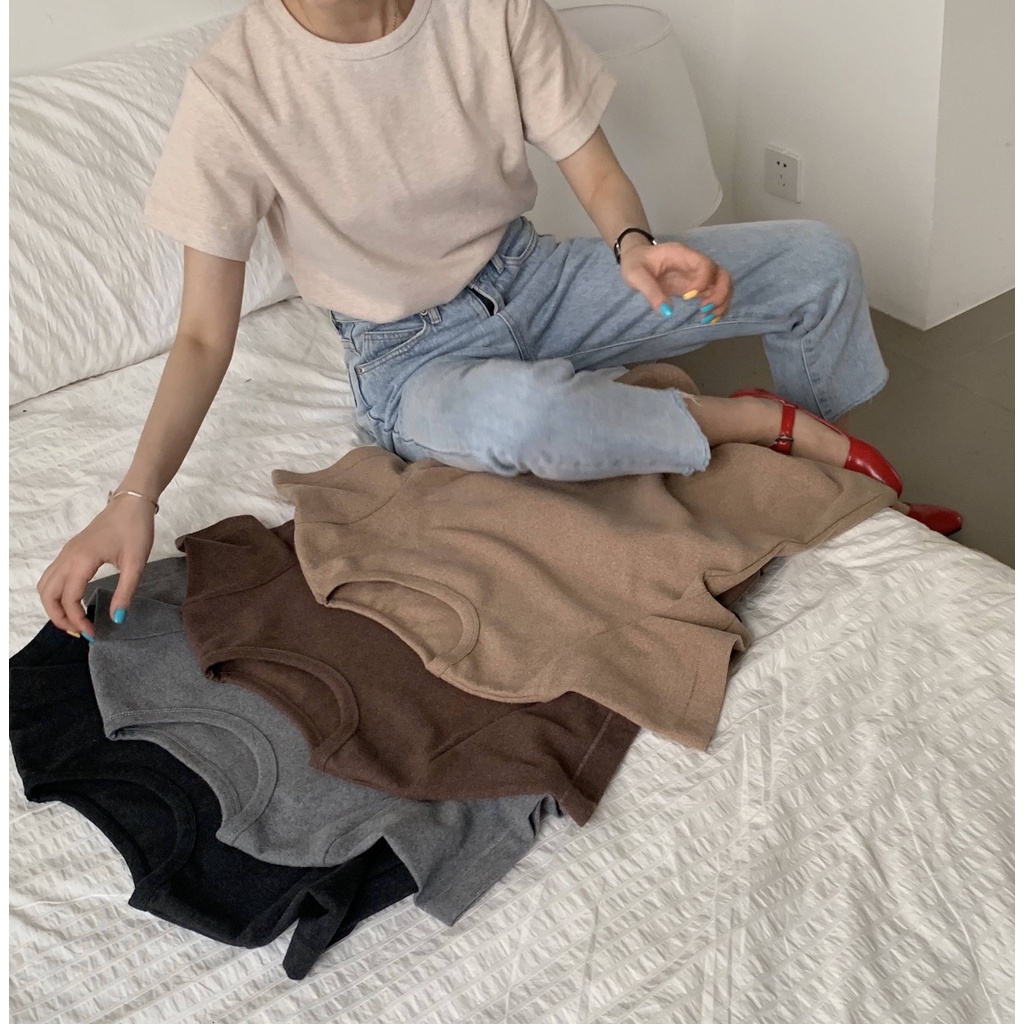 Áo Thun Ngắn Tay Cổ Tròn Màu Trơn Thời Trang Cho Nữ