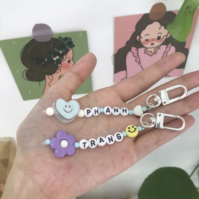 Móc khoá hạt cườm, móc khoá đôi, móc khoá nhóm hạt cườm chữ cái tên theo yêu cầu
